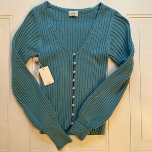 Wilfred Teal Ribbed Cardigan with Pearl Buttons